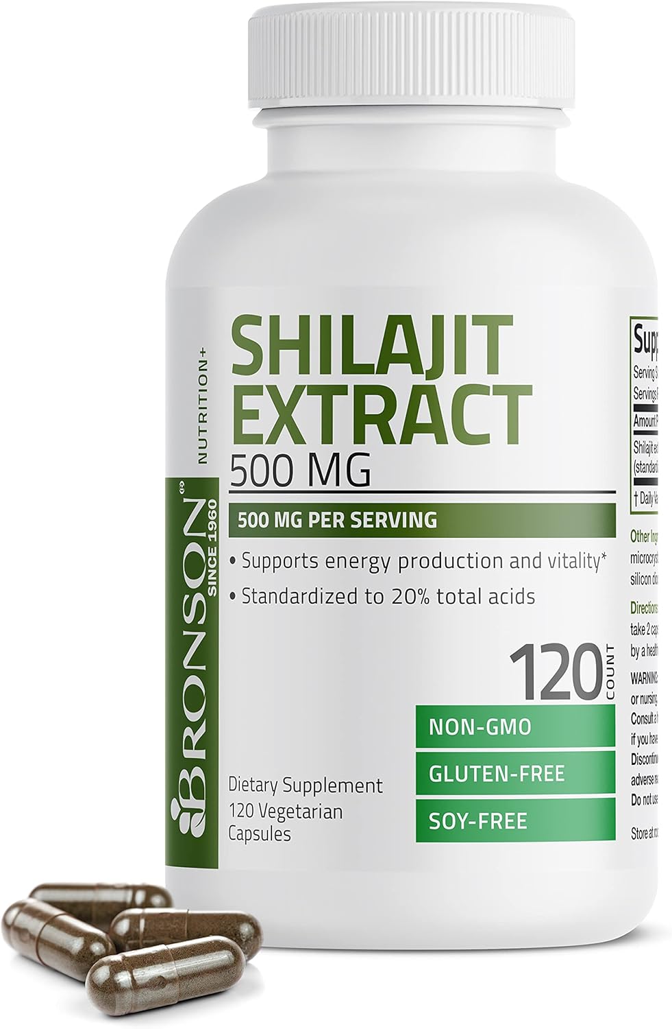 Bronson Shilajit Extract 500 Mg Per Serving, Supports Energy Production & Vitality, Standardized To 20% Total Acids, Non-Gmo, 120 Vegetarian Capsules