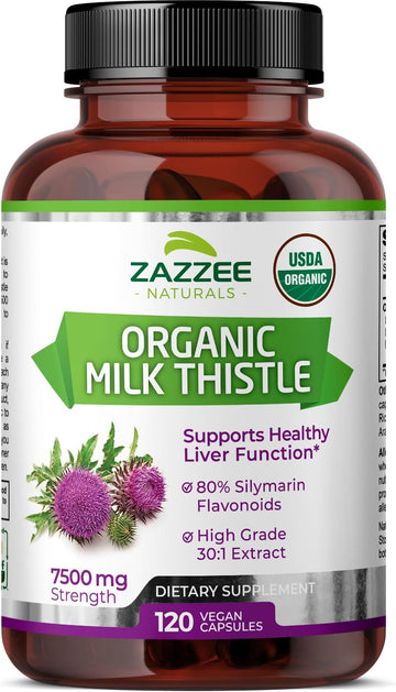 Zazzee Usda Organic Milk Thistle 30:1 Extract, 7500 Mg Strength, 120 Vegan Capsules, 80% Silymarin Flavonoids, Standardized And Concentrated 30X Extract, 100% Vegetarian, All-Natural And Non-Gmo