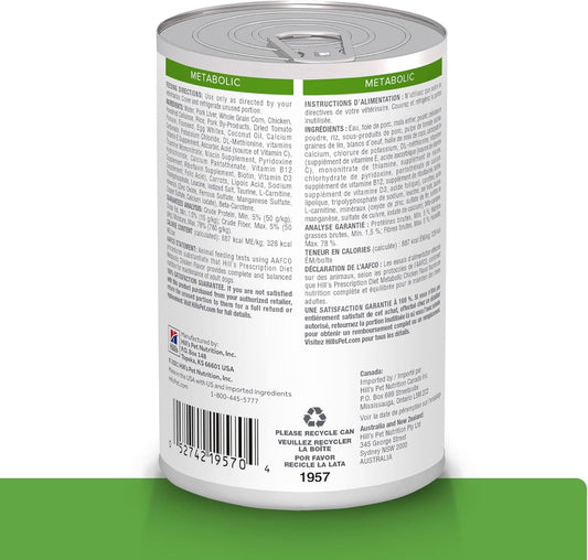 Hill'S Prescription Diet Metabolic Weight Management Chicken Flavor Wet Dog Food, Veterinary Diet, 13 Oz (Pack Of 12)