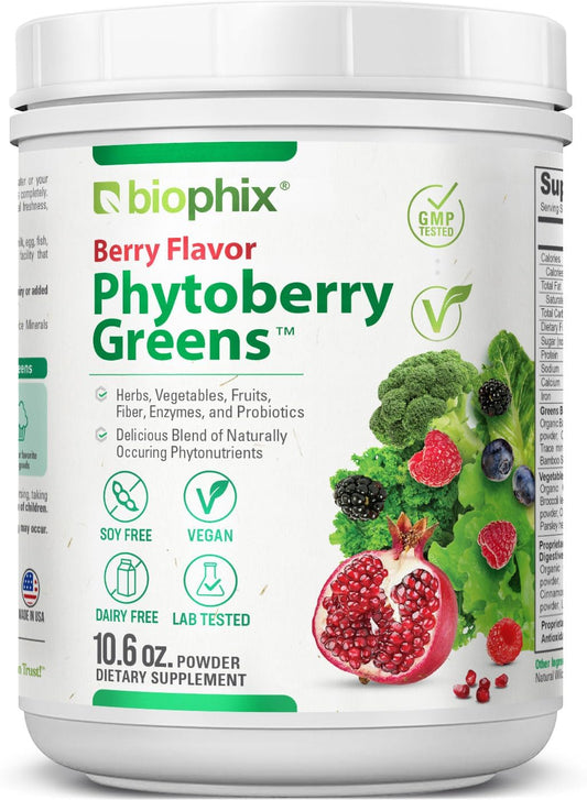 Biophix Phytoberry Greens Superfood Powder 10.6 Oz - Natural Berry Flavor Greens Vegetables Fruits Fiber Probiotics Smoothie Shake Nutrition Drink