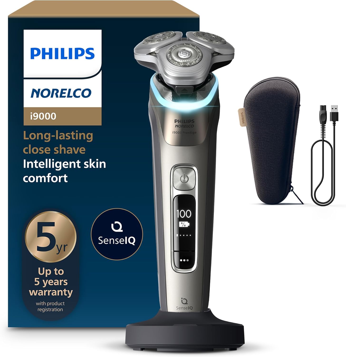 Philips Norelco Shaver I9000 Prestige - Wet & Dry Electric Shaver, Gold Oyster, Sense Iq Technology, Triple Lift & Cut System, 360 Rotating Dual Steelprecision Blades, Quick Clean Pod, Model Xp9203/81