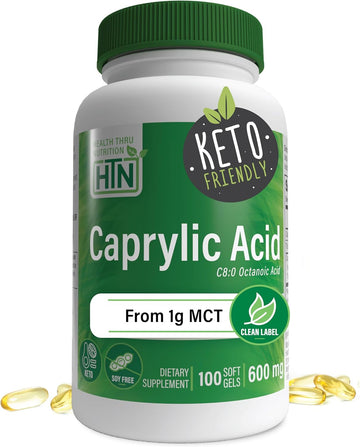 Health Thru Nutrition Caprylic Acid 600Mg 200 Softgels | C8 Octanoic Acid From Pure 1G Mct Oil | Non-Gmo & Soy Free | Support Healthy Digestive And Intestinal Health | Keto Friendly