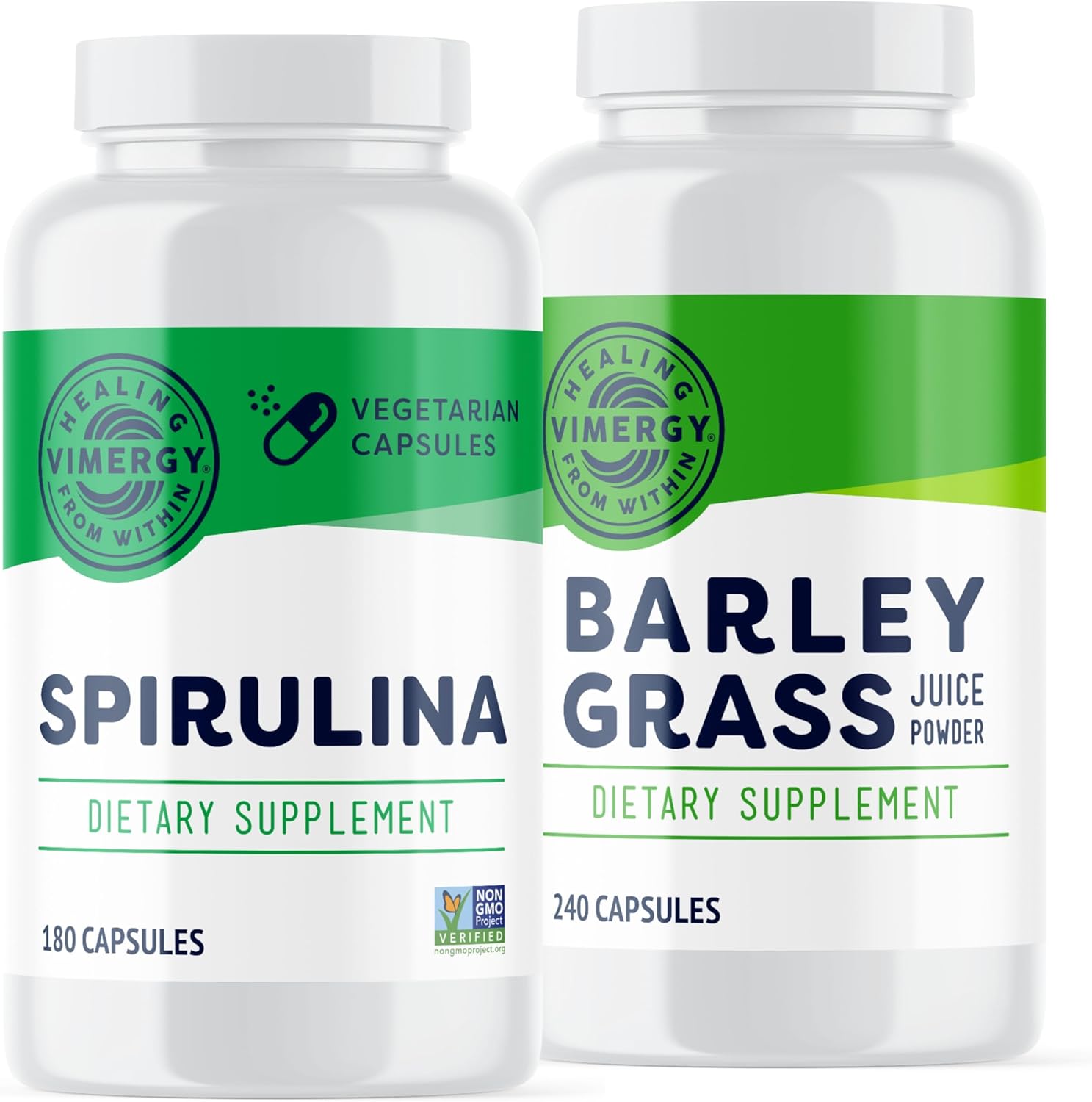 Vimergy Barley Grass Juice Powder Capsules, 30 Servings And Natural Spirulina Powder Capsules, 30 Servings - Bundle