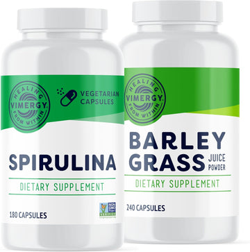 Vimergy Barley Grass Juice Powder Capsules, 30 Servings And Natural Spirulina Powder Capsules, 30 Servings - Bundle