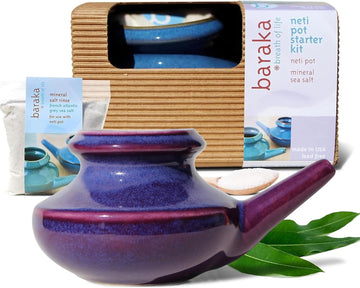 Handcrafted Ceramic Neti Pot W/Box And 2 Oz Mineral Sea Salt Rinse- Tool Kit For Home - Relaxing Gifts For Women - Snoring & Saline Solution (Purple)