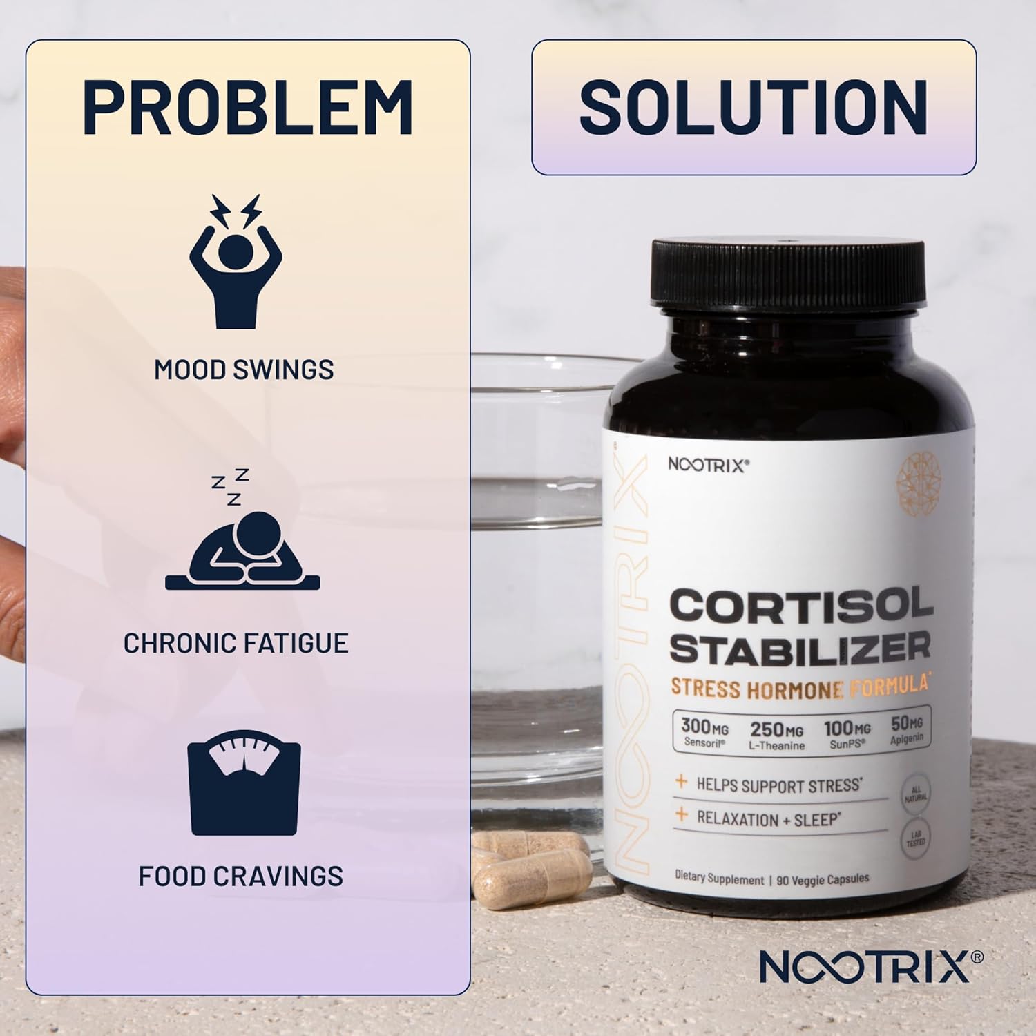 Nootrix Cortisol Manager and Stabilizer Supplement | Supports Deep Sleep & Relaxation | Cortisol Supplement with Ashwagandha, L-Theanine, Rhodiola Rosea Extract & Apigenin | 30 Vegan Capsules : Health & Household