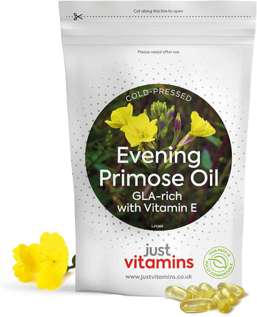 Evening Primrose Oil 1000mg x90 Soft Gel Liquid Capsules with Vitamin E (3 Month Supply) Omega 6, Cold Pressed High Strength GLA - UK Made Evening Primrose Oil Supplement Made in UK by Just Vitamins