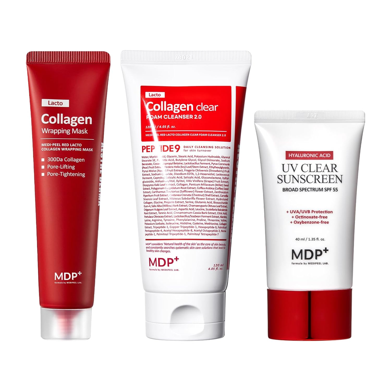 Mdp Red Lacto Collagen Wrapping Mask, Foam Cleanser And Spf 55 Uv Sunscreen Bundle