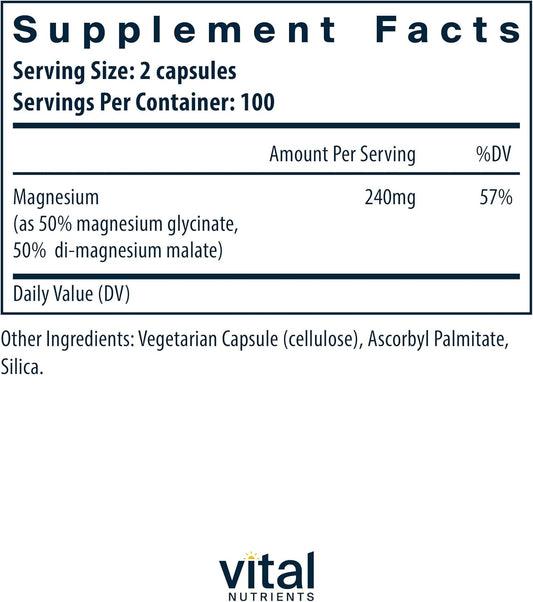 Vital Nutrients Magnesium Glycinate + Malate | 120Mg Vegan Magnesium Supplement For Women And Men | Muscle, Heart, Bone Support* | Promotes Relaxation | Gluten, Dairy And Soy Free | 200 Capsules