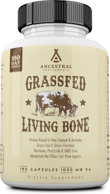 Ancestral Supplements Grass Fed Beef Living Bone Supplement, Bone Meal Capsules Support Bone Health, Oral And Joint Health And Flexibility, Non-Gmo, 180 Capsules