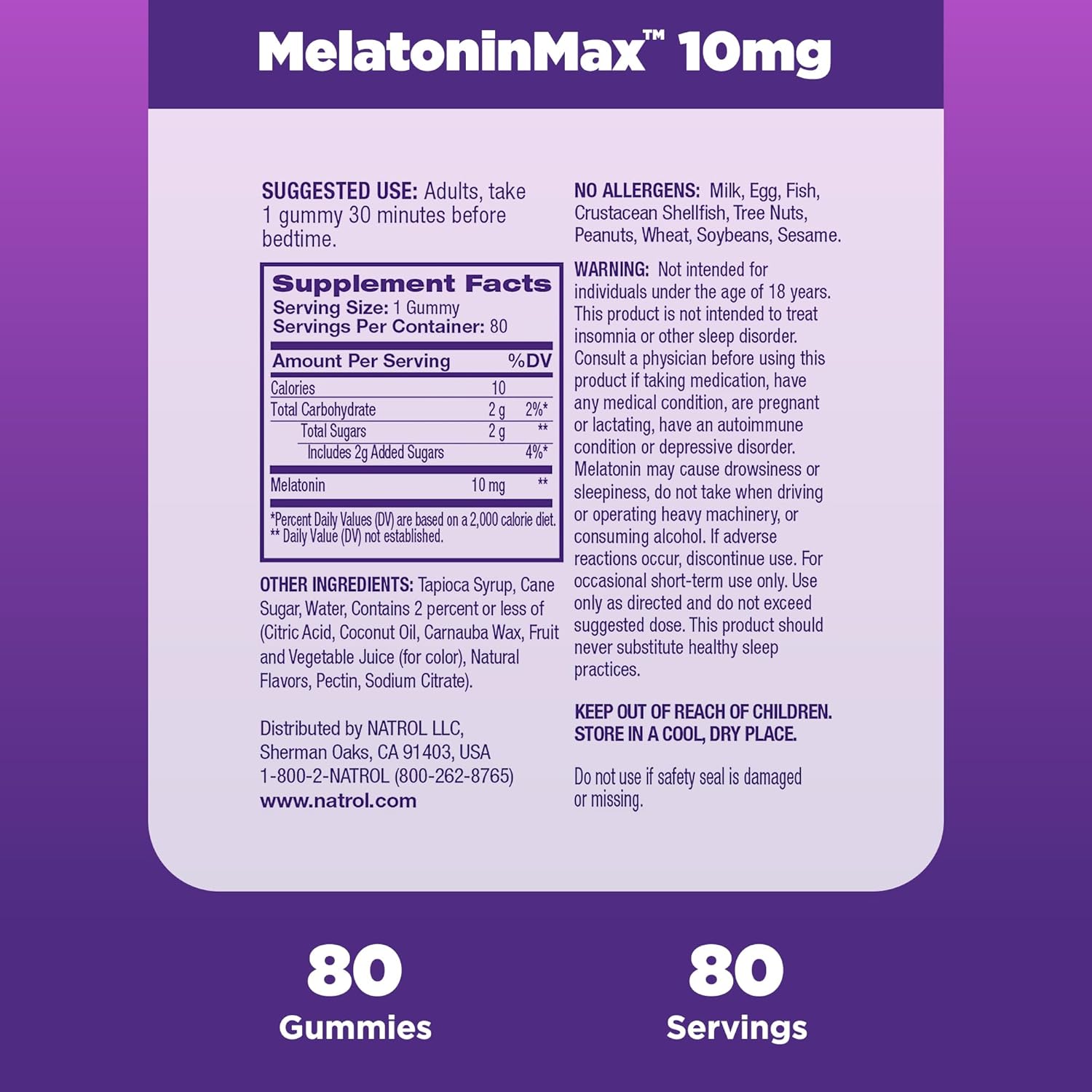 Natrol MelatoninMax, Sleep Gummies for Adults, Blueberry Flavor, 10 mg, 80 Count, Up to an 80 Day Supply : Health & Household