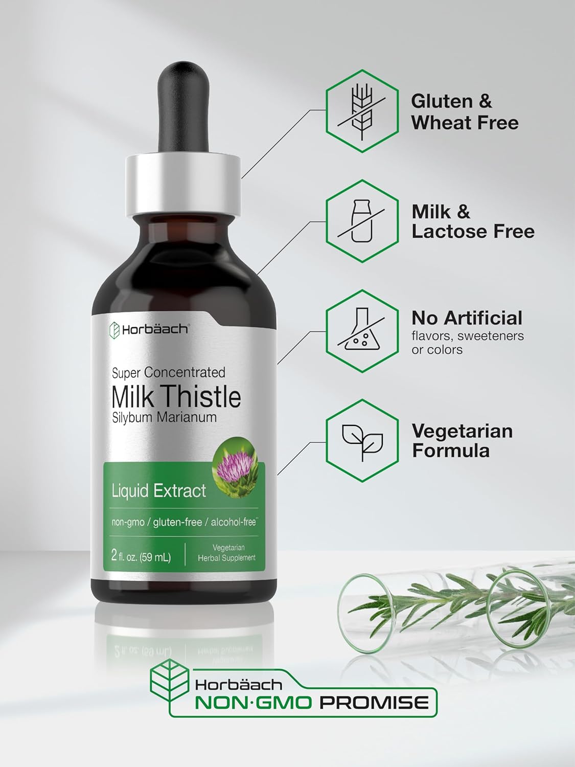 Horbäach Milk Thistle Extract Liquid | 2 fl oz | Alcohol Free | Vegetarian, Non-GMO & Gluten Free Supplement : Health & Household