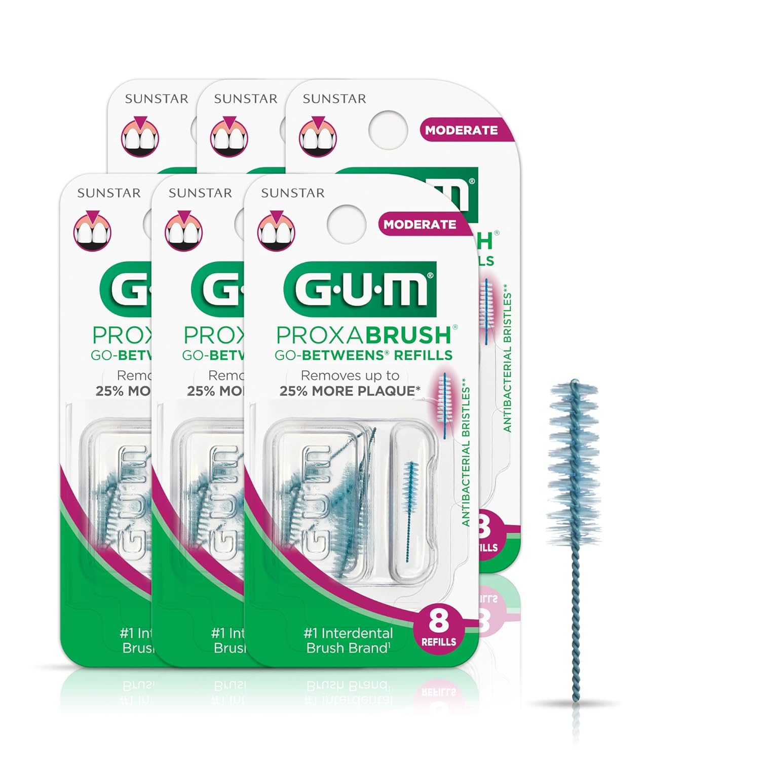 Gum Proxabrush Go-Betweens Refills - Moderate - Compatible With Gum Permanent Handle - Reusable Interdental Brushes - Soft Bristled Dental Picks, 8Ct(6Pk)