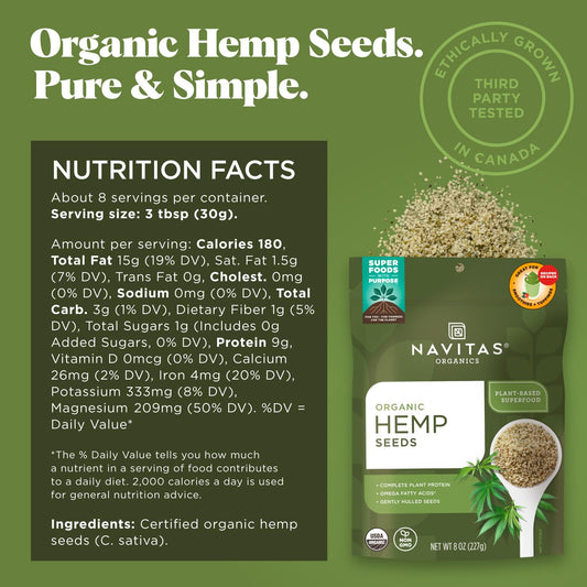 Navitas Organics Organic Raw Hemp Seeds Bag, 15 Servings — Organic, Non-Gmo, Low Temp-Hulled, Gluten-Free, 8 Ounce (Pack Of 1)