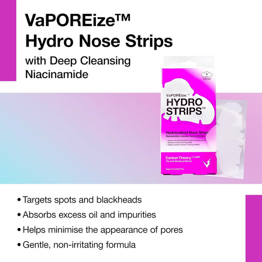 Carbon Theory Vaporeize Nose Pore Strips With Niacinamide - 8 X Hydrocolloid Nose Strips - Spot Patches - Pore Minimizer & Blackhead Remover - Vegan Spot Treatment