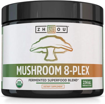 Zhou Nutrition 8-Plex Organic Mushroom Powder, Support Cognitive and Immune Health, Increase Energy, Endurance & Overall Wellness, Lions Mane, Reishi & Turkey Tail, 30 Servings - 2.14 Oz