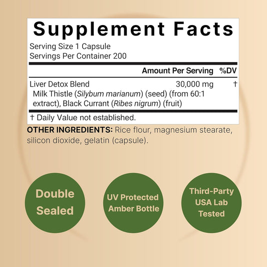 Liver Detox Supplements – 200 Capsules With Milk Thistle 30,000Mg & Black Currant | Natural Active Silymarin – Extra Strength 60:1 Extract – Herbal Cleanse & Repair Support – Non-Gmo