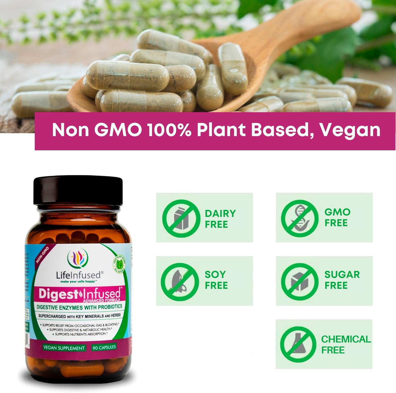 Life Infused - Premium Digestive Enzyme Supplements - 21 Plant-Based Enzymes, Proteases, Bromelain, Amylase, Papain - Probiotics, 72 Key Minerals & Herbs - Ease Gas & Bloating. 90 Servings. : Health & Household