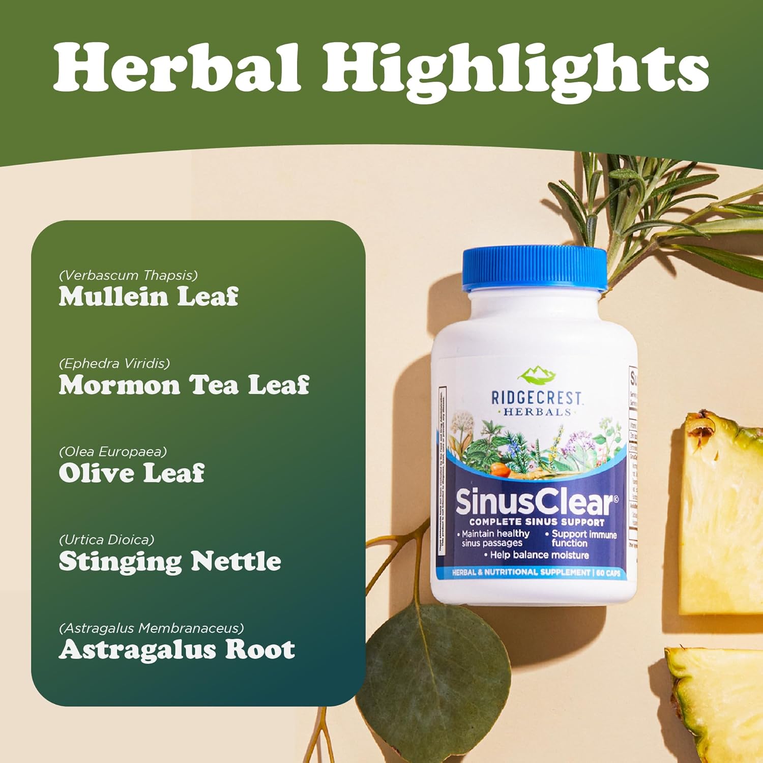 Ridgecrest Herbals Sinusclear, Complete Formula For Sinus And Nasal Health With Mullein Leaf, Bromelain, Vitamin C, And Zinc, For Healthy Mucus, Immune & Respiratory Support, (60 Veg Caps, 30 Serv) : Health & Household