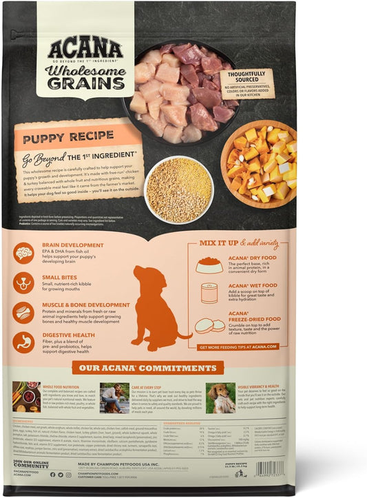 ACANA Wholesome Grains Dry Dog Food, Puppy Recipe, Real Chicken, Eggs and Turkey Dog Food Recipe, 22.5lb
