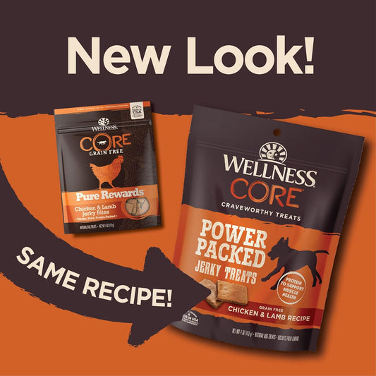 Wellness Core Power Packed Dog Treats, Grain-Free Tender Jerky Treats, Made In Usa (Chicken & Lamb Recipe, 4-Ounce Bag)