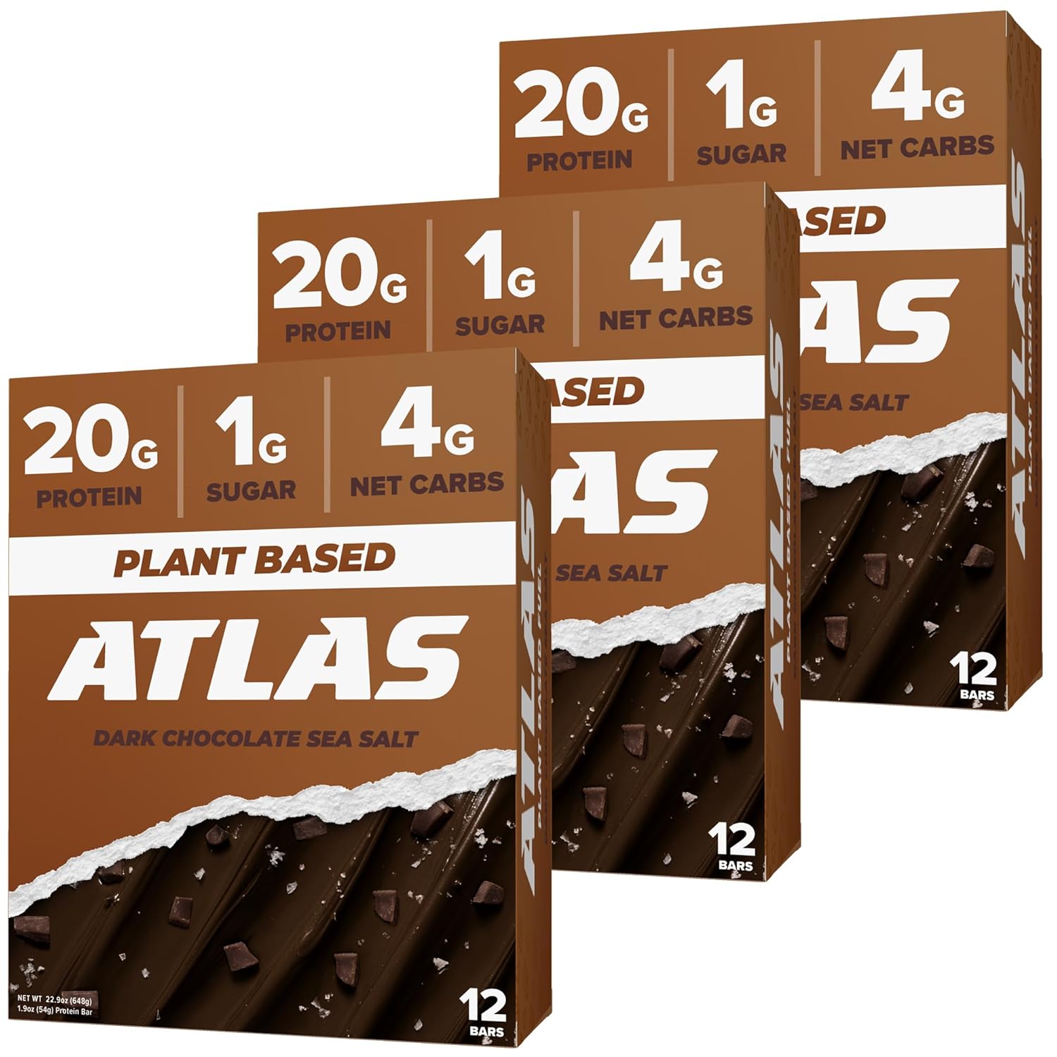 Atlas Protein Bar, 20G Plant Protein, 1G Sugar, Clean Ingredients, Gluten Free Dark Chocolate Sea Salt, 12 Count (Pack Of 3))