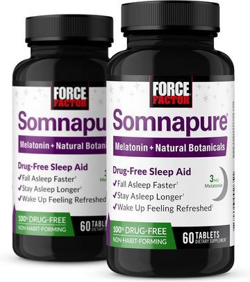 Force Factor Somnapure Drug-No Sleep Aid For Adults With Melatonin, Valerian Root, & Lemon Balm, Non-Habit-Forming Sleeping Pills, Fall Asleep Calm At Night, Wake Up Refreshed, 120 Tablets (2-Pack)