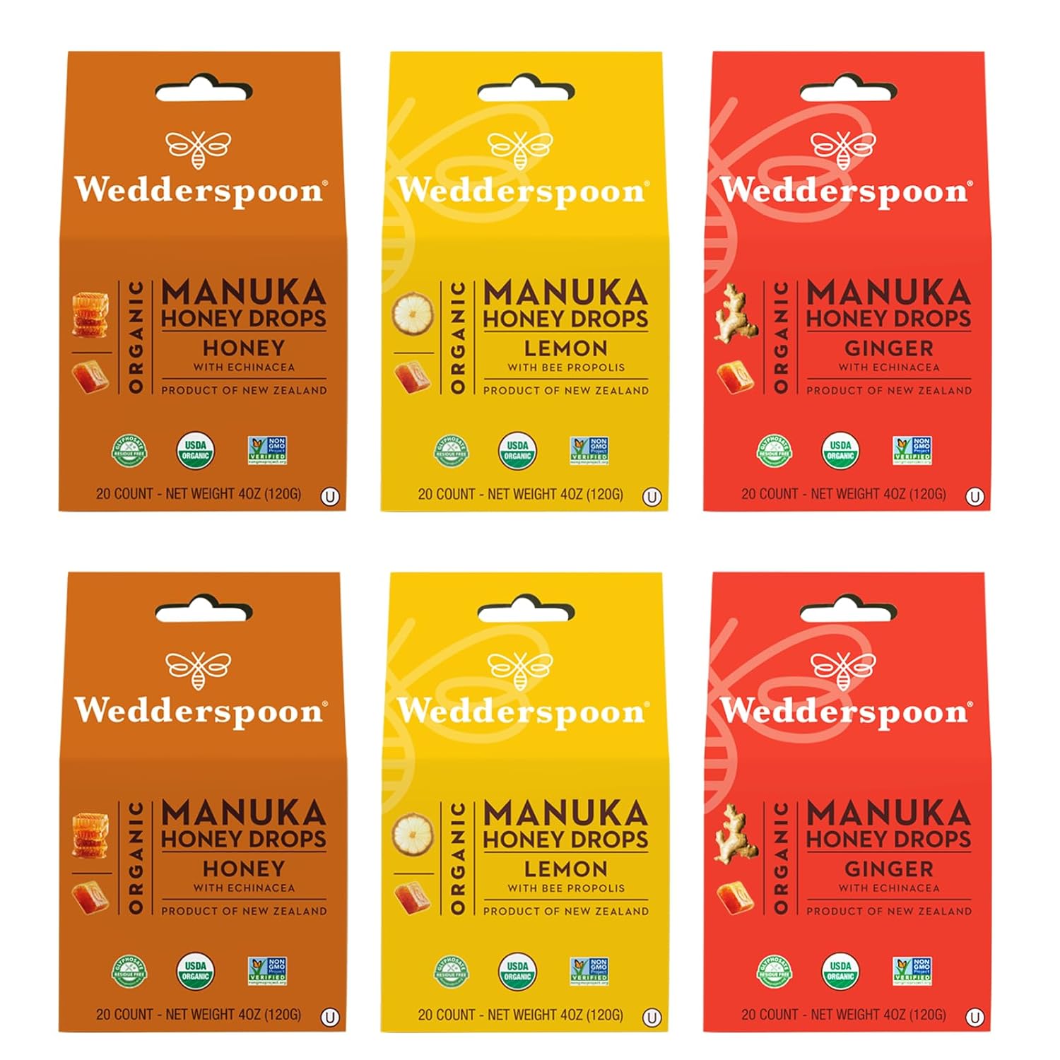 Wedderspoon Organic Manuka Honey Drops, Variety Pack, 4 Oz (Pack Of 6) - Genuine New Zealand Honey - Perfect Remedy For Dry Throats