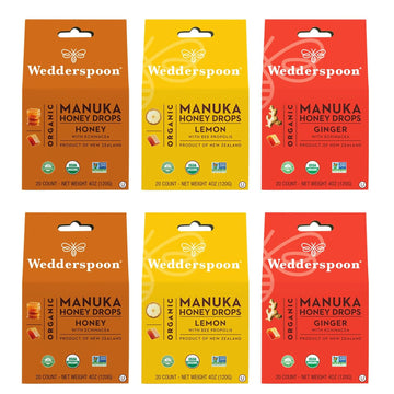 Wedderspoon Organic Manuka Honey Drops, Variety Pack, 4 Oz (Pack Of 6) - Genuine New Zealand Honey - Perfect Remedy For Dry Throats