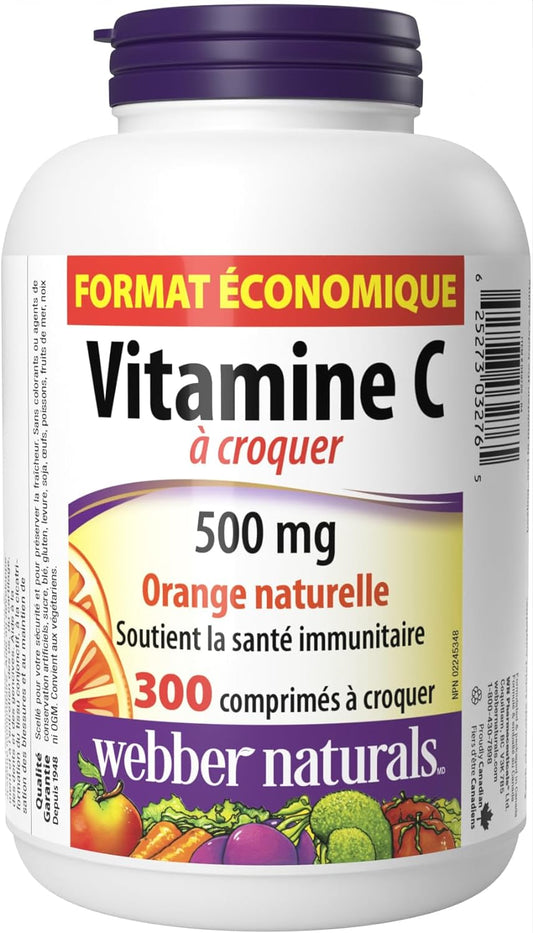 Webber Naturals Vitamin C, 300 Chewable Orange Tablets, 500 mg of Vitamin C Per Tablet, Bones, Teeth, Immune and Antioxidant Support