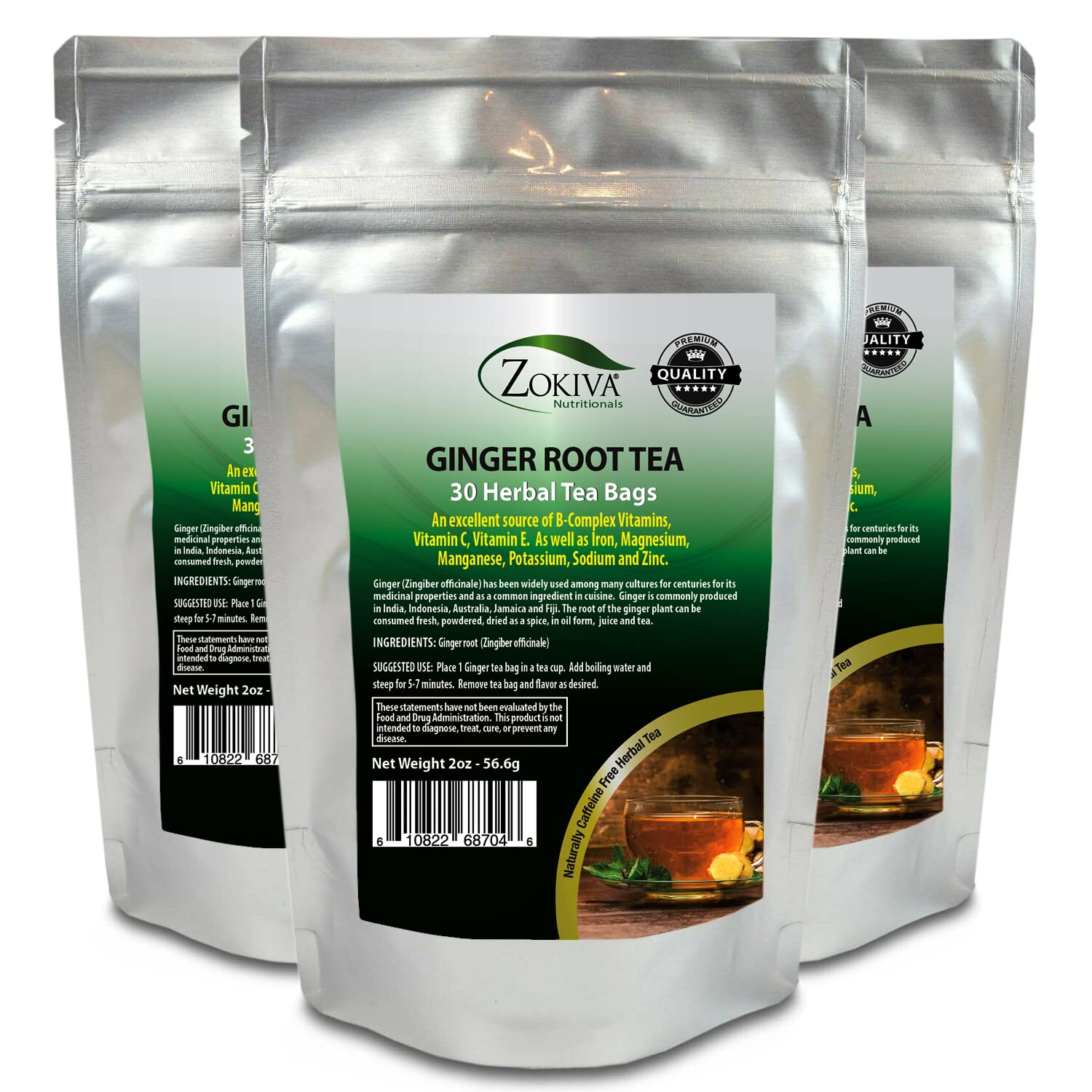 Ginger Tea 3-Pack 100% Pure Root (90 Premium Bags) All-Natural Caffeine Free Herbal Tea : Grocery & Gourmet Food