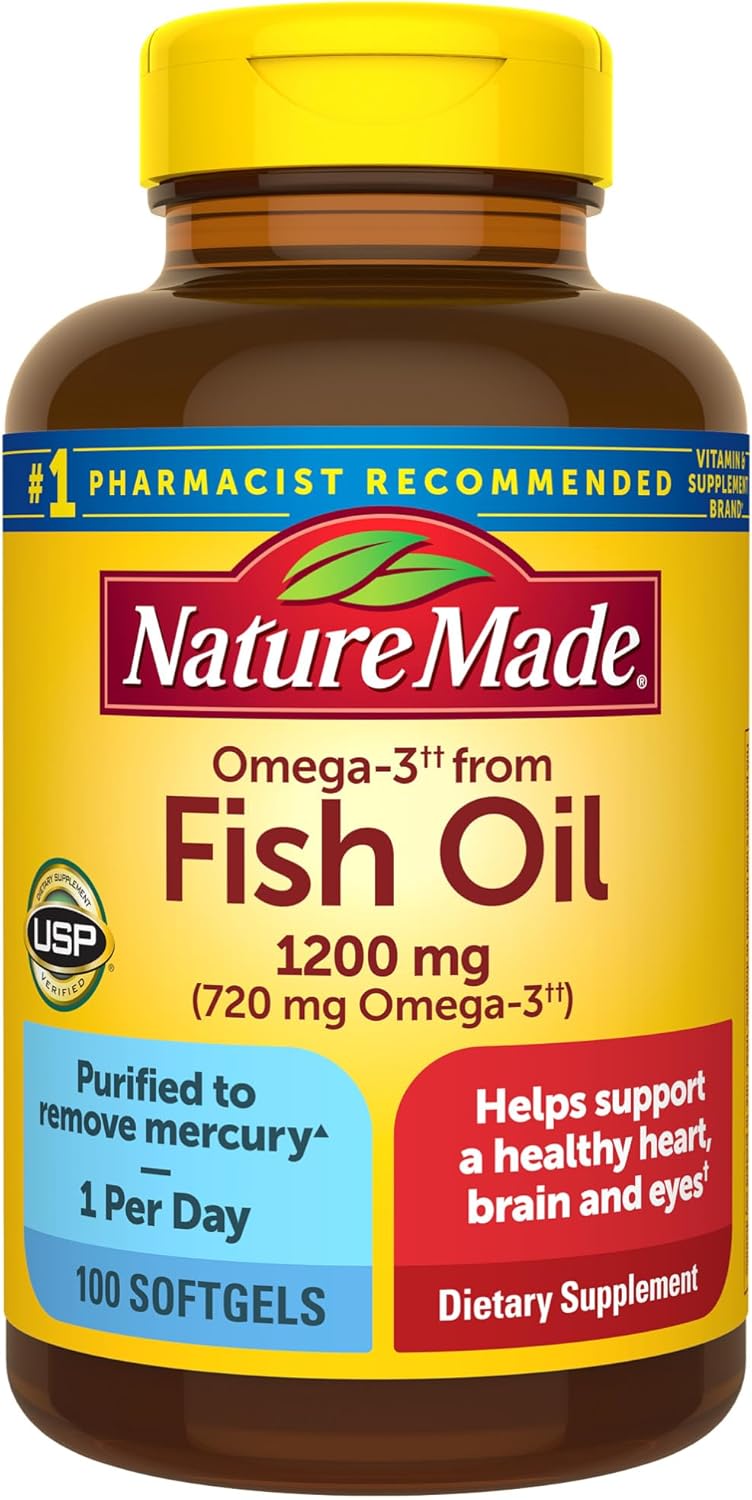 Nature Made Omega 3 Fish Oil 1200 Mg, Fish Oil Supplements As Ethyl Esters, Omega 3 Fish Oil For Healthy Heart, Brain And Eyes Support, One Per Day, Omega 3 Supplement With 100 Softgels