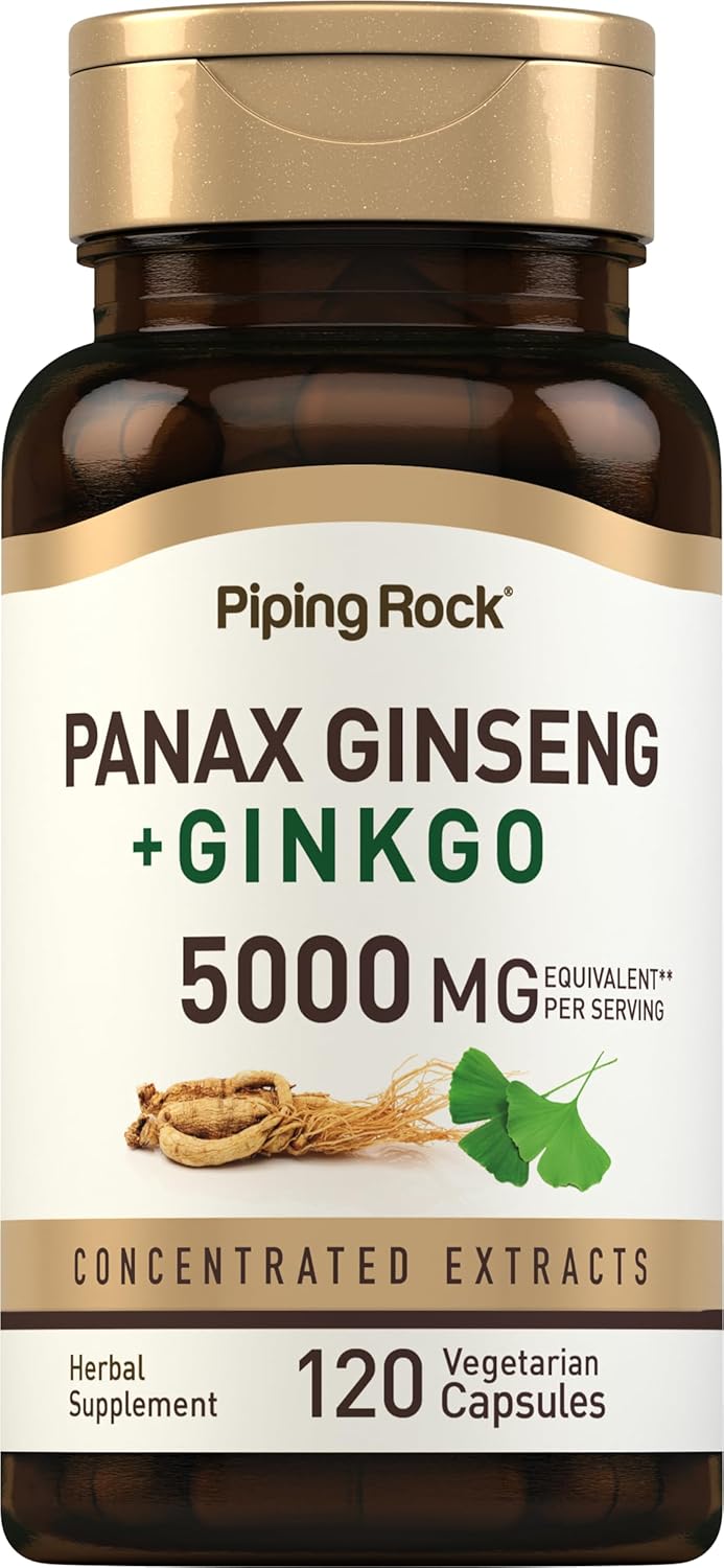 Piping Rock Panax Ginseng Capsules | 5000 mg | 120 Count | with Ginkgo Biloba | Vegetarian, Non-GMO, and Gluten Free Supplement