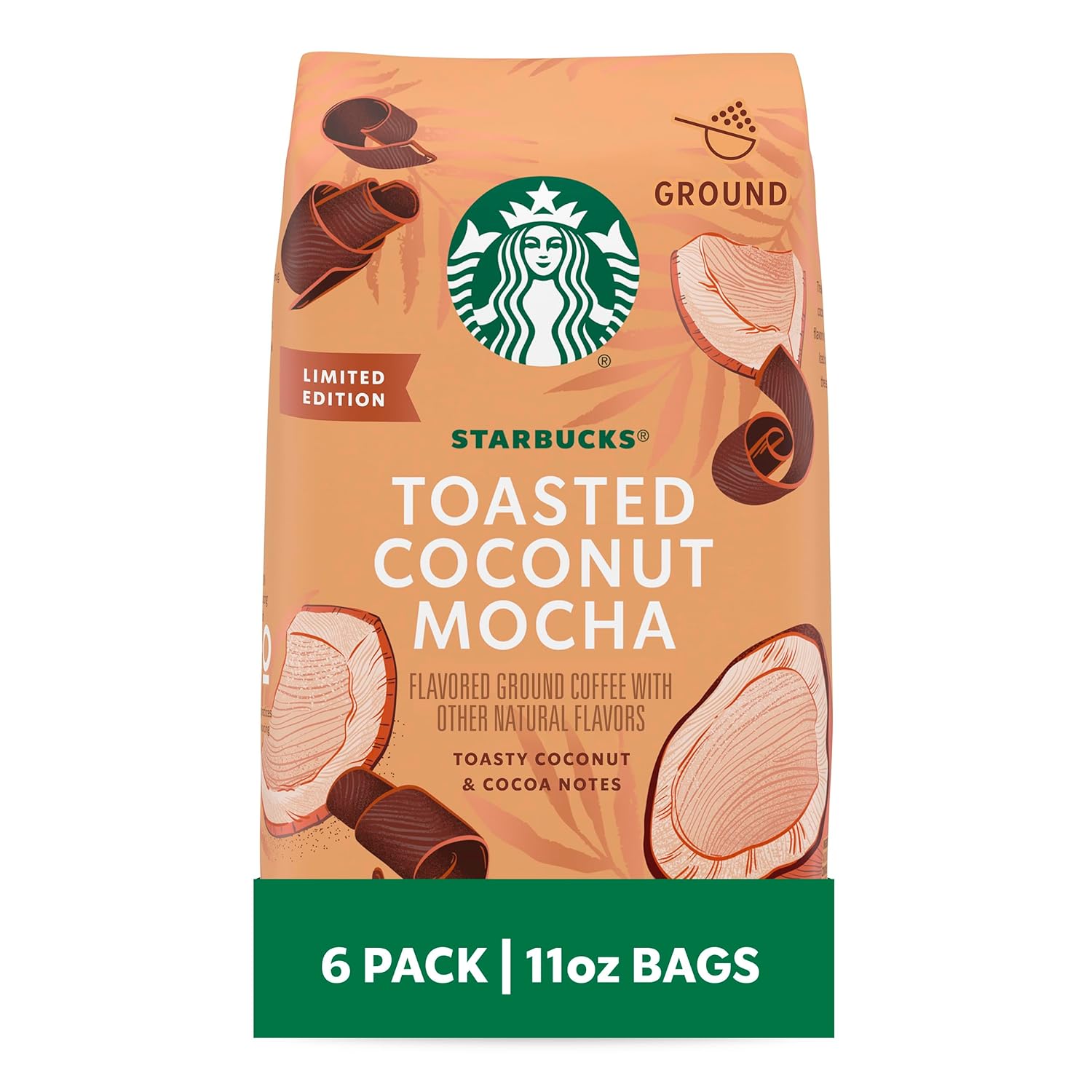 Starbucks Naturally Flavored Ground Coffee, Toasted Coconut Mocha 100% Arabica, Limited Edition, 6 bags (11 oz)