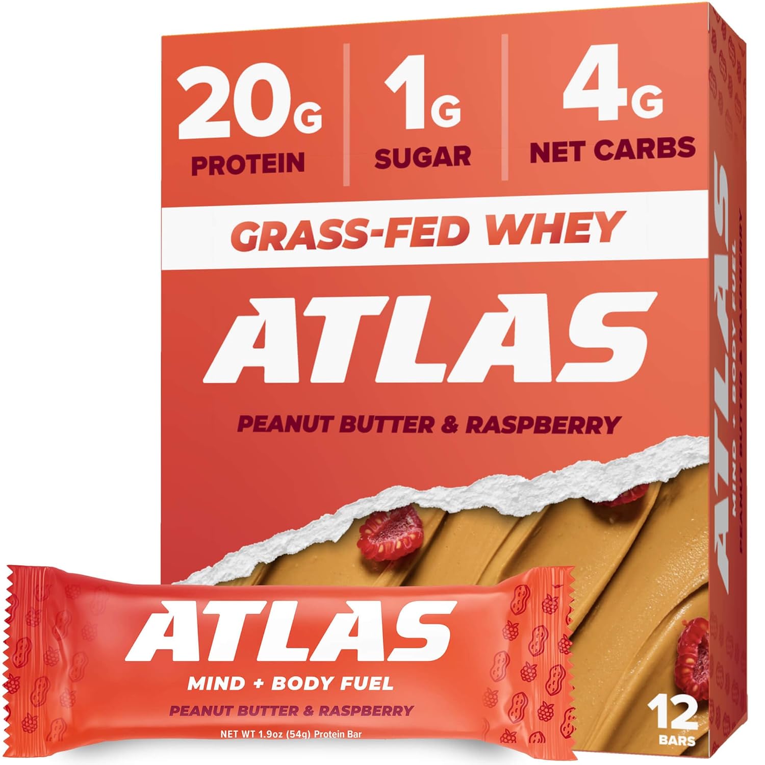 Atlas Protein Bar, 20G Protein, 1G Sugar, Clean Ingredients, Gluten Free (Peanut Butter Raspberry, 12 Count (Pack Of 1))