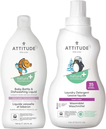 Bundle Of Attitude Baby Bottle And Dishwashing Liquid, Ewg Verified, Vegan, Sweet Lullaby, 23.7 Fl Oz + Baby Laundry Detergent, Ewg Verified, He Compatible, Sweet Lullaby, 35 Loads, 1.05 Liters