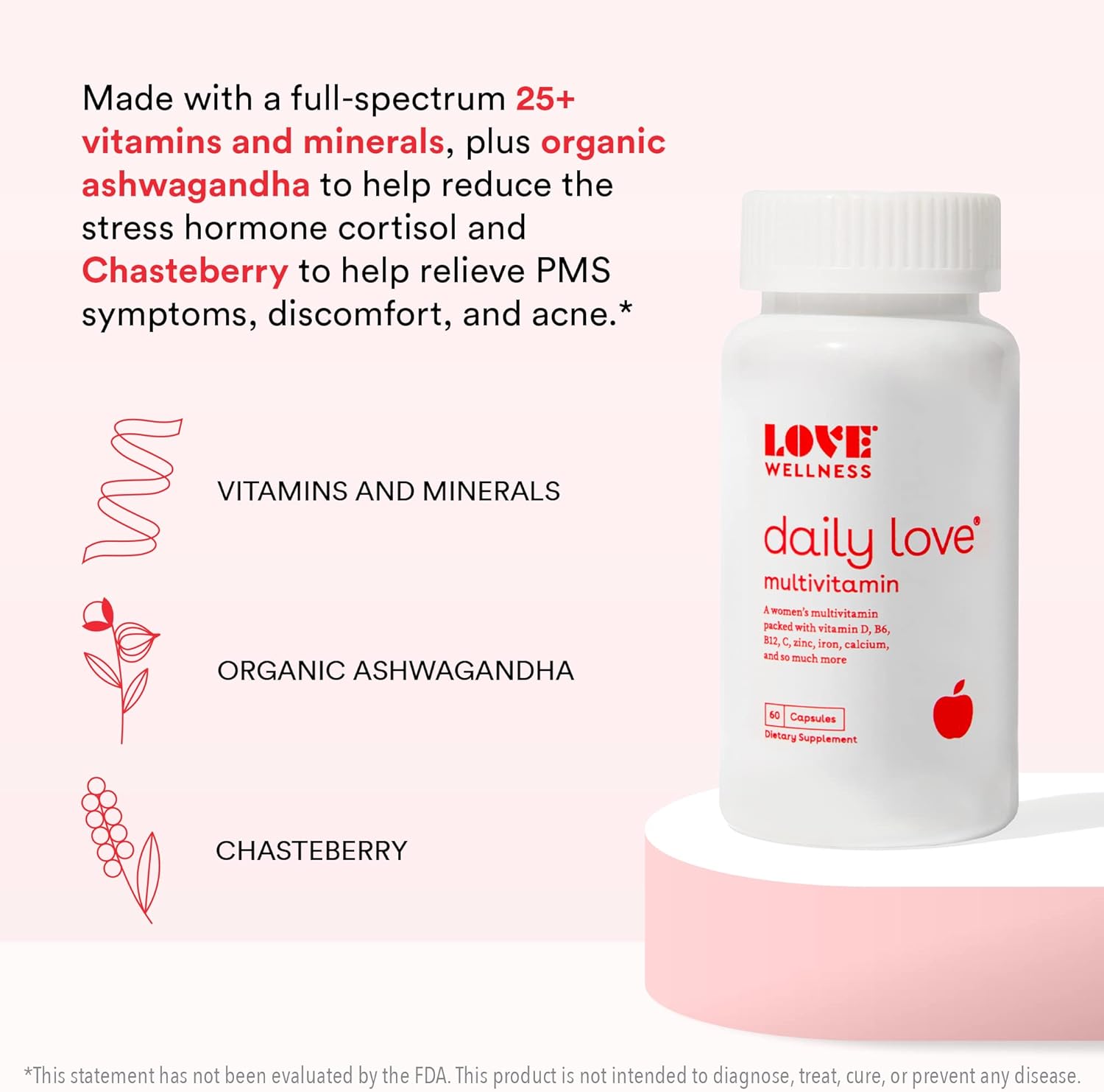 Love Wellness Daily Love Multivitamin for Women | Support for Energy, Immune Health, Managing Stress, & PMS | Complete with Vitamin D, C, Iron, Calcium, Zinc, & Biotin, Magnesium | 60 Capsules : Health & Household