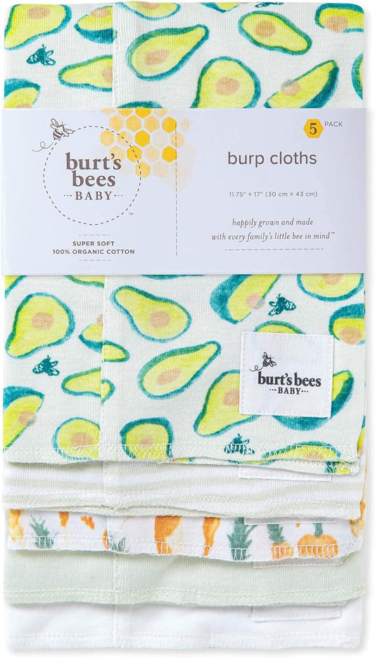 Burts Bees Baby Infant Burp Cloths, 100% Organic Cotton Extra Absorbent Soft Fabric Drool Cloths, 5-Pack Newborn Must-Have Essential Large Burping Cloths, One Size 17 X 11.75 Inches