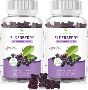 Afxmate 2 Pack Elderberry Gummies Sambucus Black Elderberry - For Adults Kids, With Zinc And Vitamin C, 120 Gummies