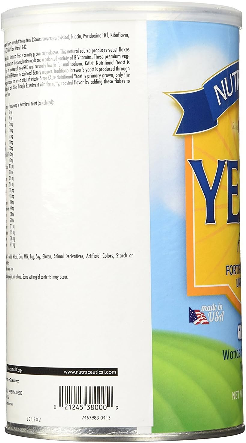 KAL Nutritional Yeast Flakes, Fortified with B12, Folic Acid & Other B Vitamins, Unsweetened, Great Nutty Flavor, Vegan & Gluten Free, 60-Day Money Back Guarantee, Made in the USA, 34 Servings, 12oz : Grocery & Gourmet Food