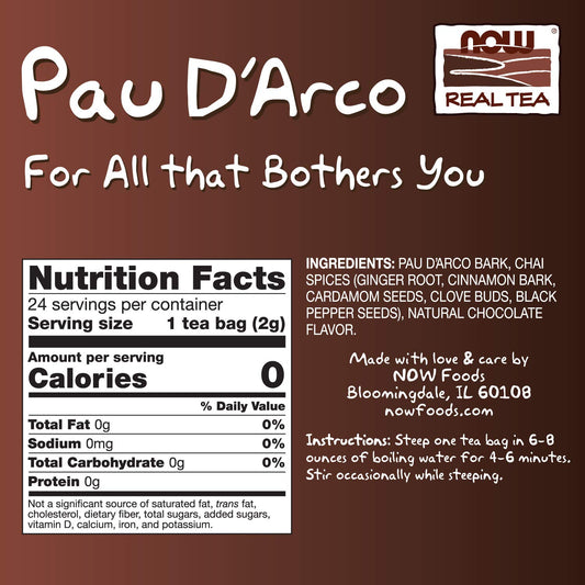 Now Foods, Pau D'Arco Tea, A Traditional Herbal Experience, Overall Wellness, Premium Unbleached Tea Bags With No-Staples Design, 24-Count (Pack Of 5)