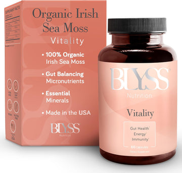 Organic Irish Sea Moss Capsules With Burdock Root, Bladderwrack And Bioperine Black Pepper - For Energy, Gut Health, Thyroid & Anti Aging - Vegan - 60 Ct