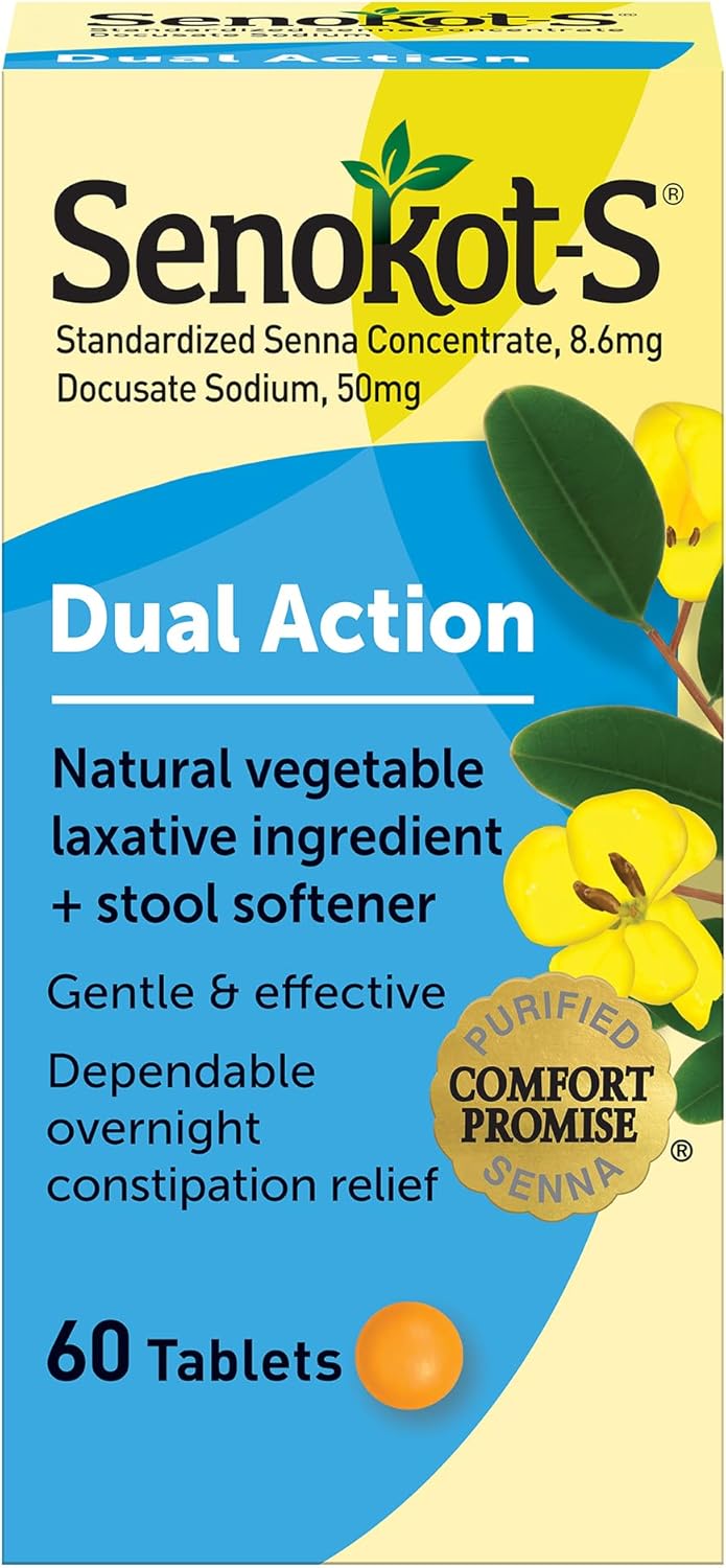 Senokot-S Dual Action 60 Tablets, Natural Vegetable Laxative Ingredient Plus Stool Softener Tablets, Gentle Dependable Overnight Relief Of Occasional Constipation White