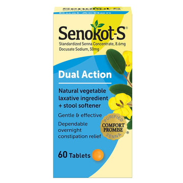 Senokot S Dual Action Natural Vegetable Laxative Ingredient Plus Stool Softener Tablets, Gentle Dependable Overnight Relief Of Occasional Constipation, 30 Count