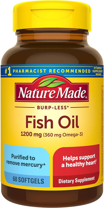 Nature Made Burp Less Fish Oil 1200 Mg, Fish Oil Supplements, Omega 3 Fish Oil For Healthy Heart Support, Omega 3 Supplement With 60 Softgels, 30 Day Supply