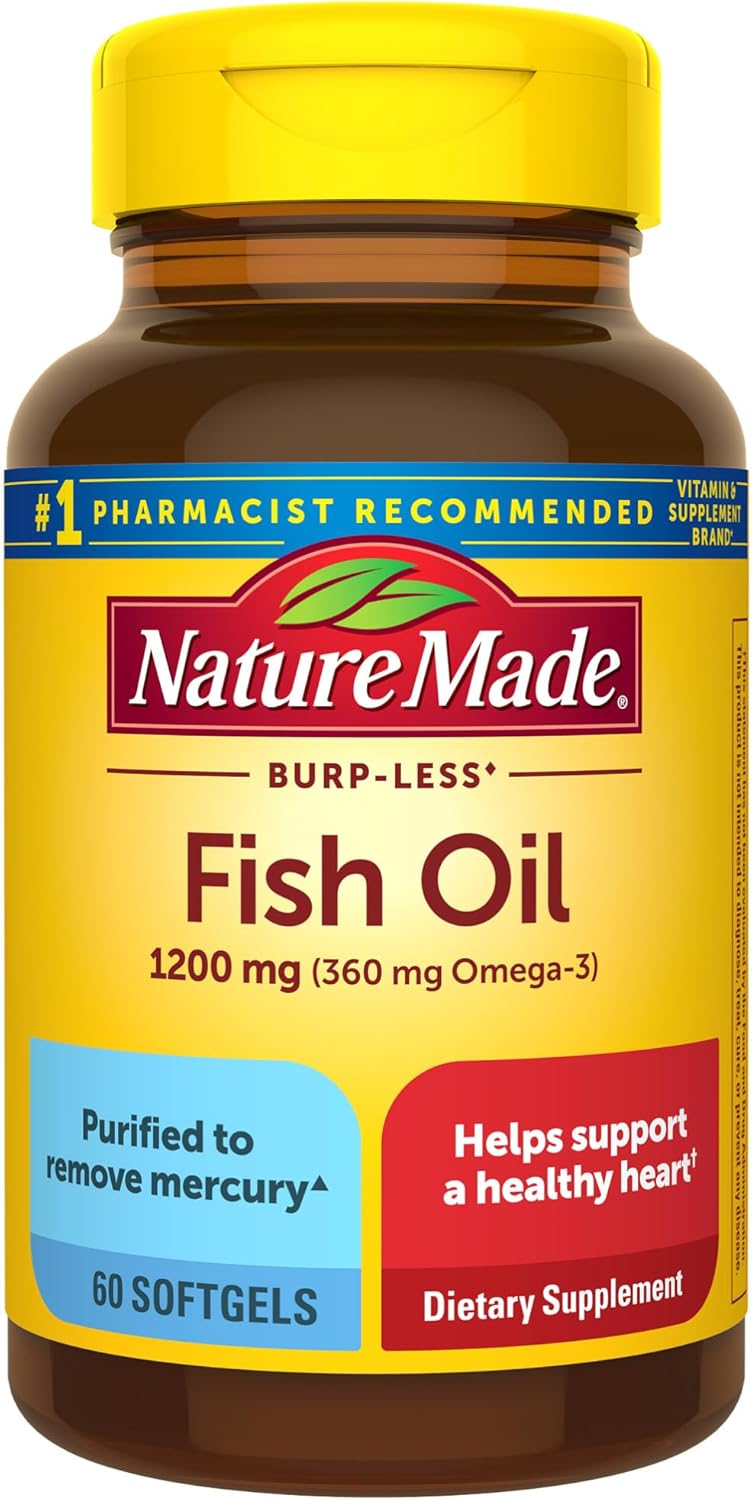 Nature Made Burp Less Fish Oil Omega 3 Supplements, 1200 Mg Softgels, Epa Dha Omega 3 Fish Oil Supplements For Healthy Heart Support, 60 Softgels, 30 Day Supply