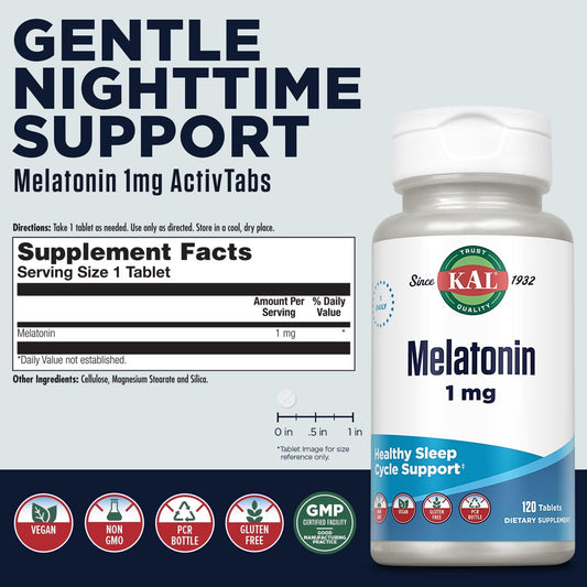 Kal Melatonin 1Mg Sleep Aid, Fast Acting Melatonin Tablets, Calming Relaxation And Sleep Cycle Support, Vegan, Gluten Free, Non-Gmo, 60-Day Guarantee, 120 Servings, 120 Tablets