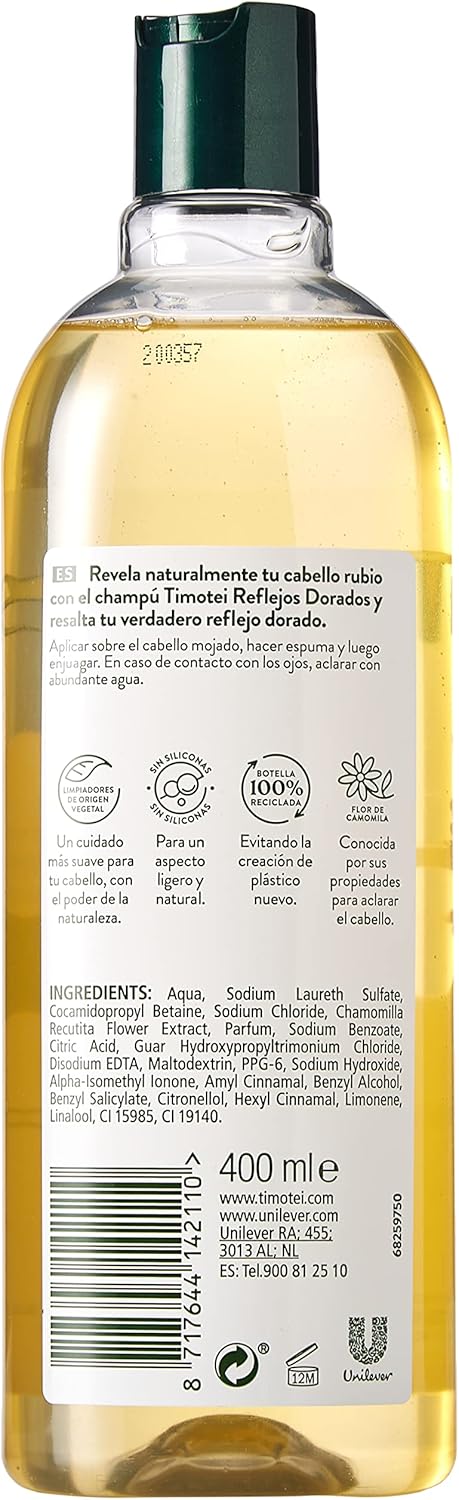 Timotei Golden Highlight Shampoo For Blonde Hair With Chamomile Flower Extract With Plant Origin Cleansers, 95% Natural Origin Ingredients Silicone Free 400Ml