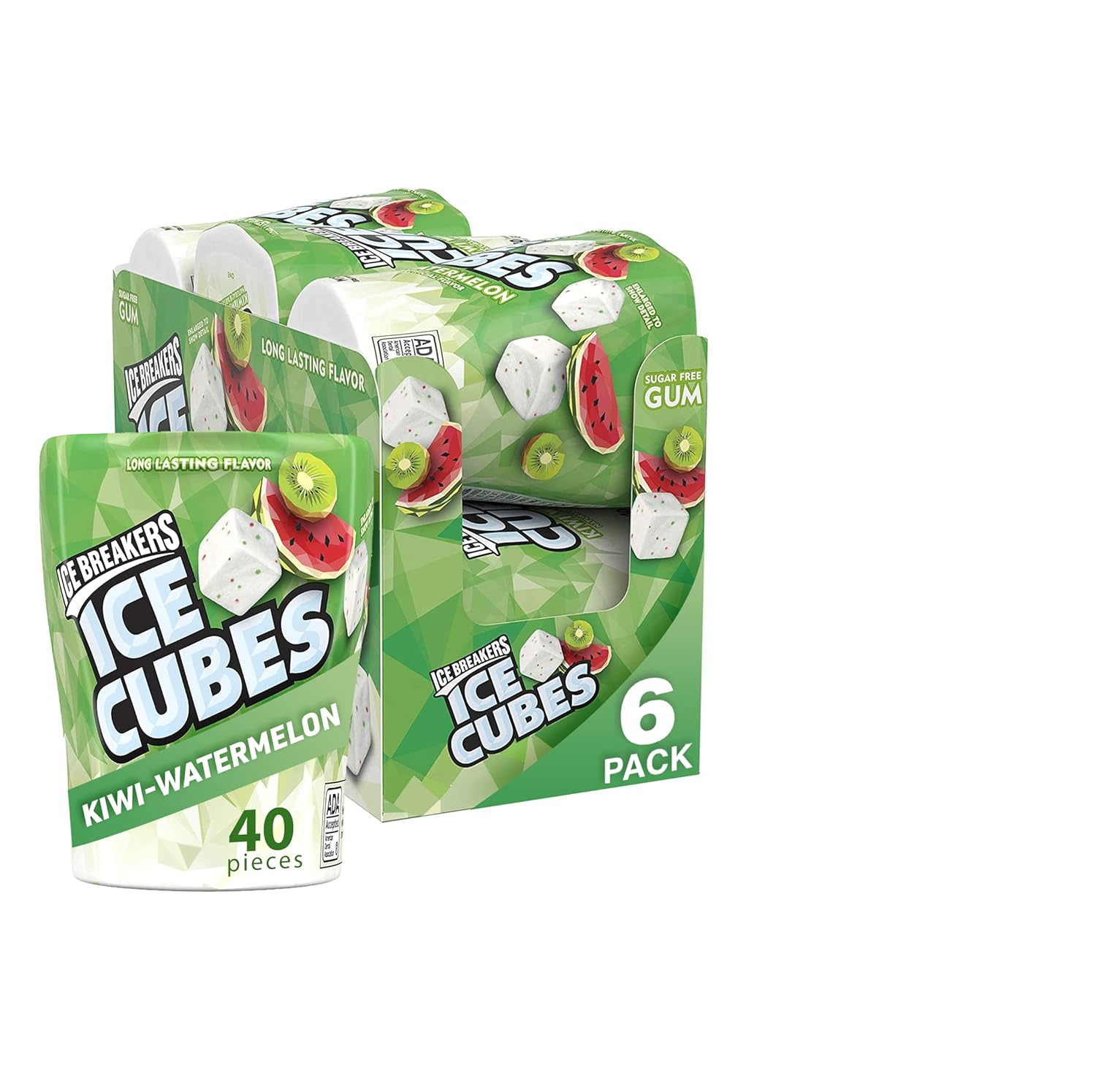 Ice Breakers Ice Cubes Kiwi Watermelon Sugar Free Chewing Gum Bottles, 3.24 Oz (6 Count, 40 Pieces)