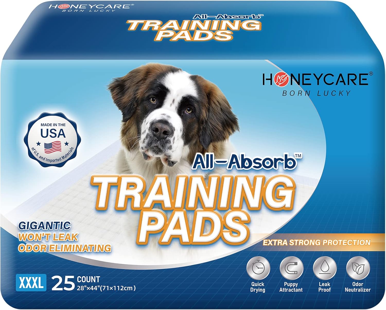 Honey Care All-Absorb 28"X44" Gigantic Dog And Puppy Training Pads, Xxxl Dog Incontinence Training Pads, Made In The Usa Dog Pee Pads(25 Count)